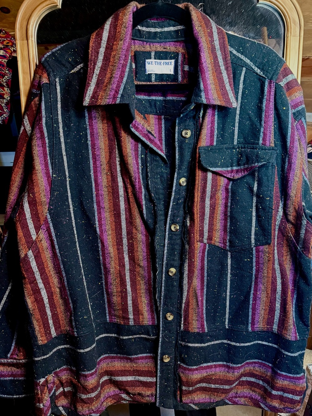 We The Free Black Striped Button-Up Jacket with Burgundy & Purple Accents